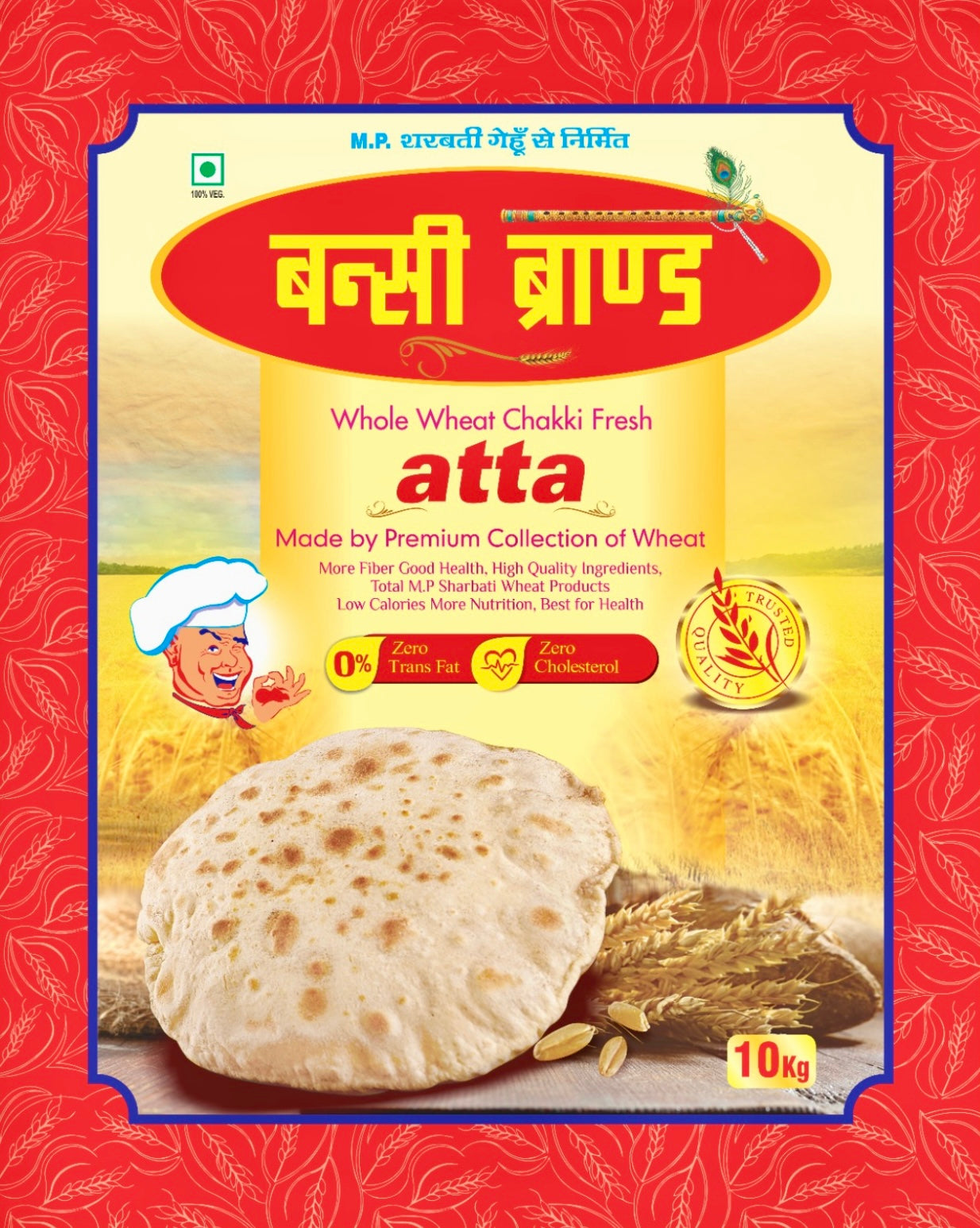 Bansi Brand Atta – 100% MP Chakki Fresh Sharbati Wheat (10 Kg)